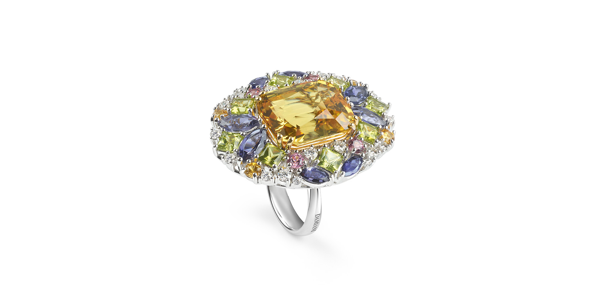 Fantasy Cut Lampone Giallo 

Octagonal cut golden-yellow sapphire (22.29 cts), brilliant-cut yellow sapphires (0.56 cts), navette-cut iolites (2.60 cts), brilliant-cut rhodolites (0.60 cts), princess-cut peridots (3.12 cts), diamonds (0.86 cts), white gold.