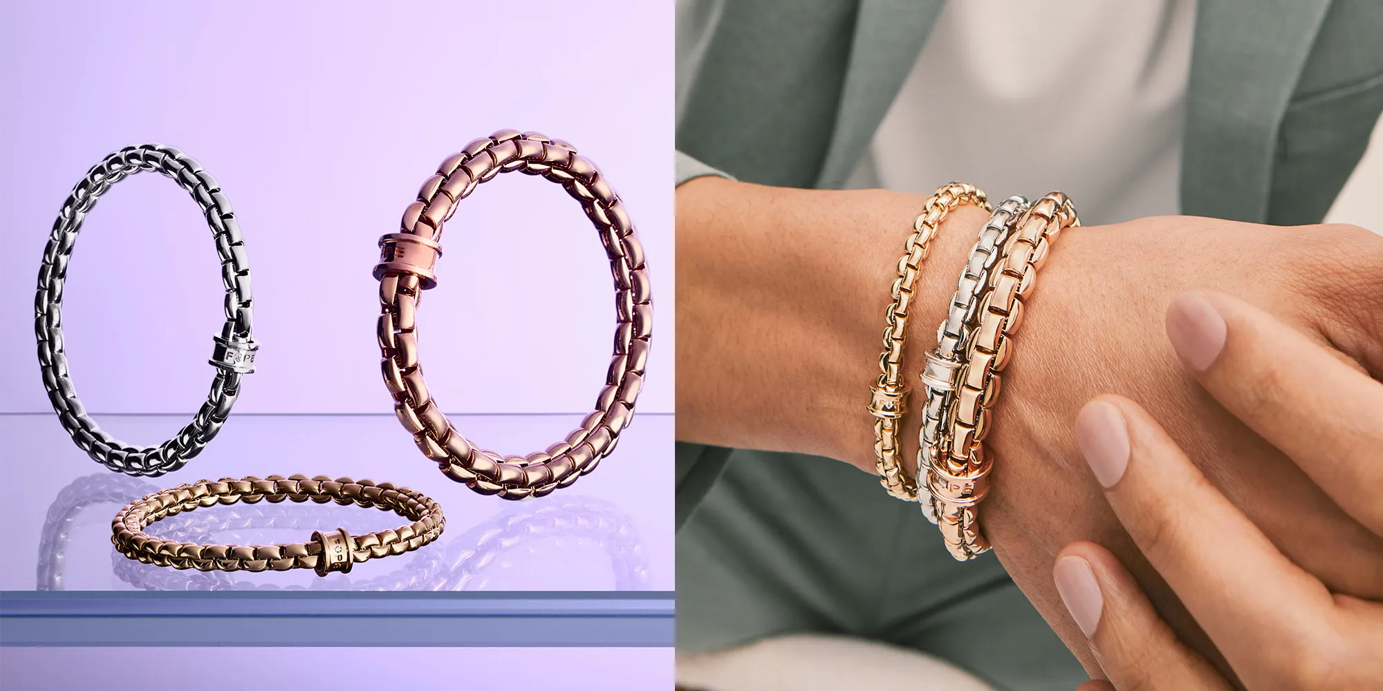Eka 
A new, bolder rondel enhances FOPE’s Eka bracelets, redefining everyday elegance. Available in three thicknesses and gold colours.
