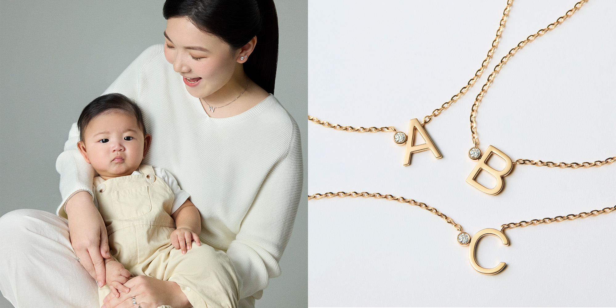 Make It Personal 
This Mother’s Day, say it with meaning. Our Love Letter Necklace lets you carry a name close to your heart. Mum Jo Vee wears the “N” for baby Noah—a subtle, sparkling reminder of love.
