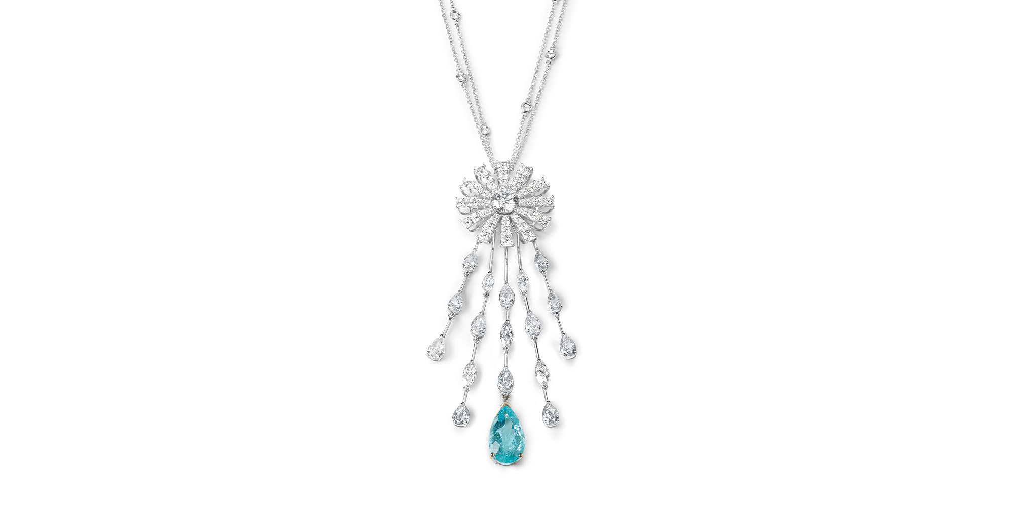 Margherita Bahia Blue A bright pendant in white gold and diamonds (9.93 cts) is embellished by a rare pear-cut Paraiba tourmaline (5.49 cts), a certified brilliant-cut diamond (1.61 cts) at the daisy center and a certified pear-cut diamond (0.70 cts) along the pendant.