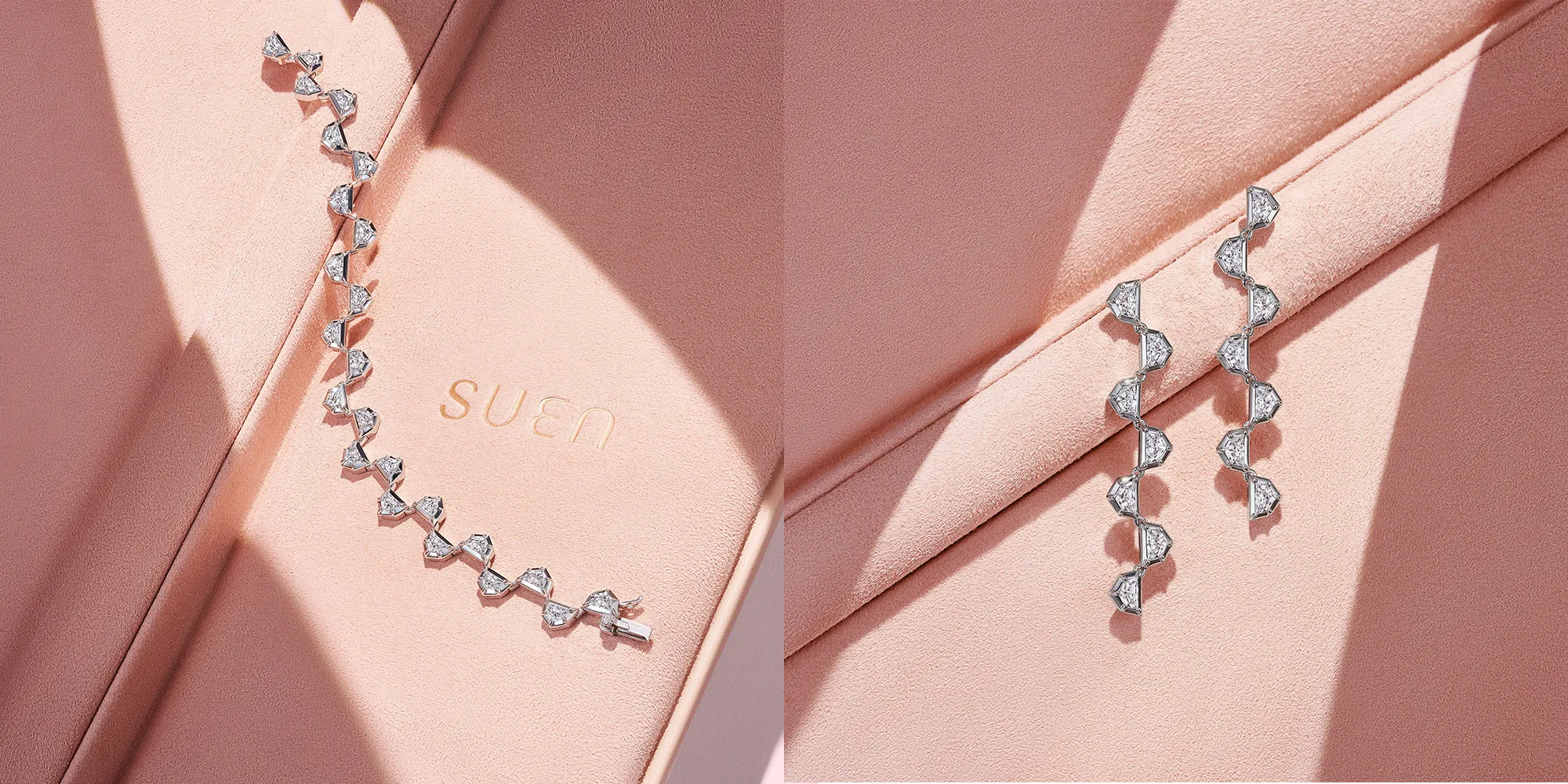 Architectural Beauty Defined by the striking geometry of Cadillac cut diamonds, each piece in the collection embodies strength, sophistication, and the quiet confidence that lies at the heart of SUEN.