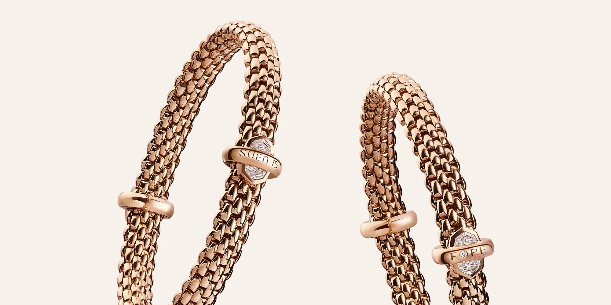 FOPE Cadillac Bracelet Set with four brilliant Cadillac-cut diamonds and engraved with the exclusive SUEN 15 mark, this limited-edition bracelet — created in collaboration with Italian maison FOPE — is a rare celebration of contemporary design and artistry.