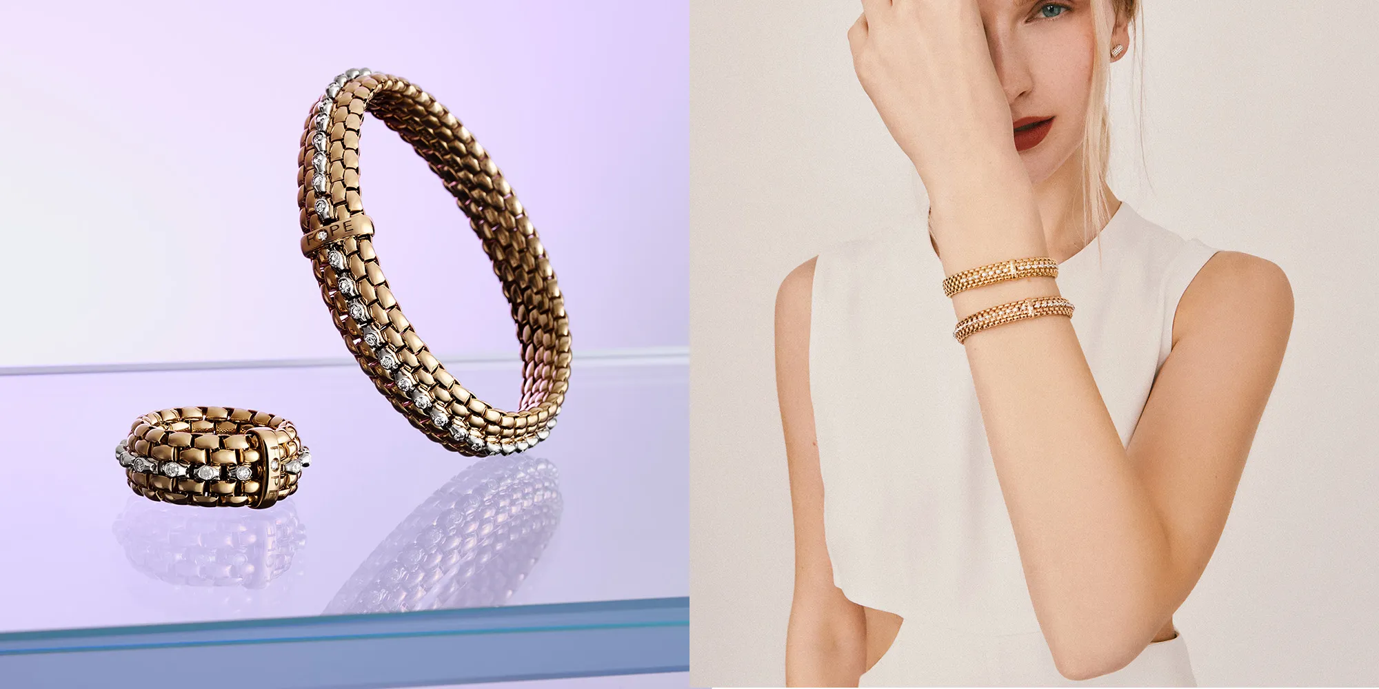 Panorama is more than a collection — it's a tribute to craftsmanship and a celebration of belonging. Featuring a unique diamond-setting technique developed exclusively for our flexible gold mesh, it embodies innovation rooted in tradition.