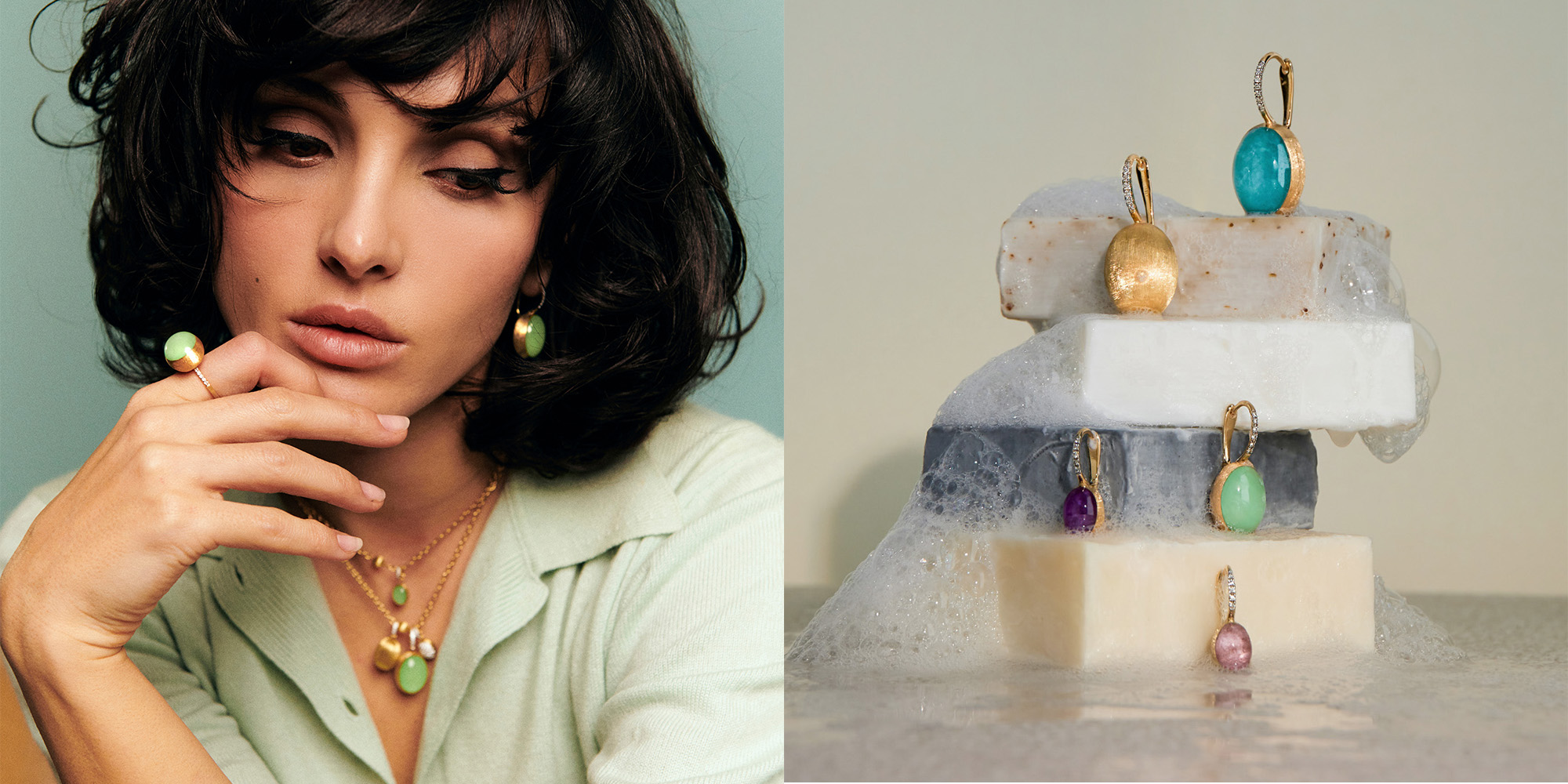 The Boule, the heart of the collection, is reimagined in a symphony of vibrant hues. Charms, “Ciliegine” earrings, and rings—handcrafted in 18k gold, diamonds, and natural stones—draw inspiration from the lively Italian cocktails of the ‘60s.