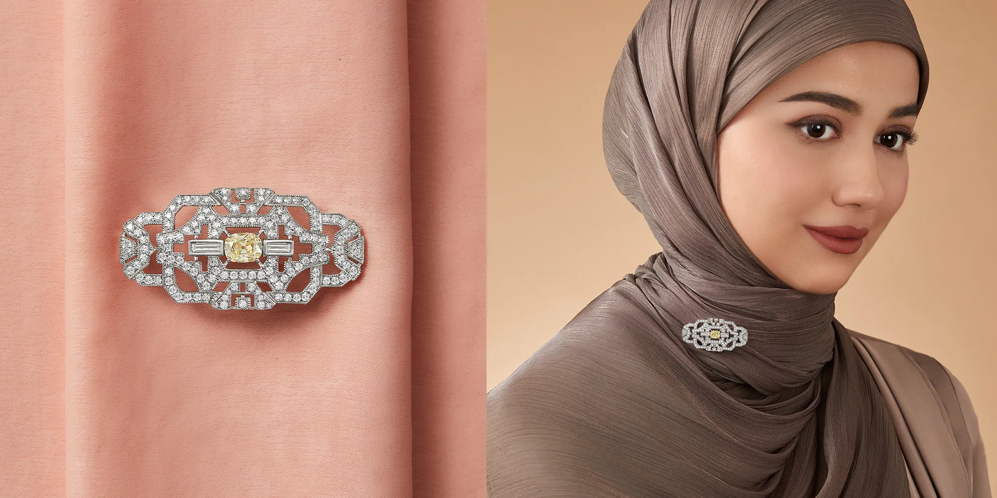 The Orion Plaque An ode to symmetry and sophistication. This Art Deco plaque brooch is masterfully crafted in white gold, featuring an intricate lattice of baguette and brilliant-cut diamonds. At its centre rests a subtle yellow diamond, offering a whisper of warmth within its geometric frame.