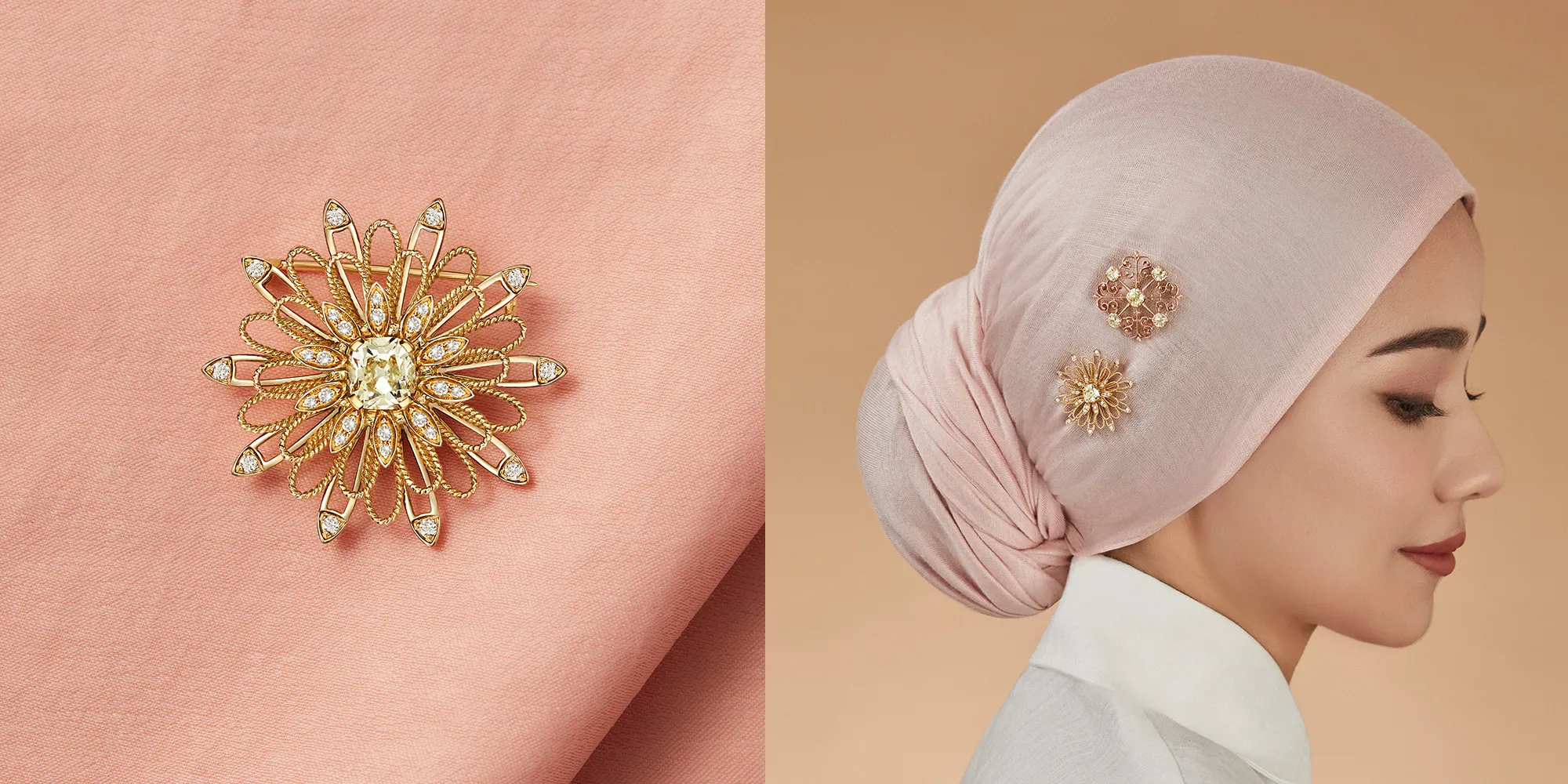The Soléa Radiant and unapologetically luminous. This floral-inspired brooch blossoms in warm gold, its openwork petals set with shimmering diamonds that catch the light from every angle. At its centre, a commanding brilliant-cut diamond anchors the design in timeless elegance.