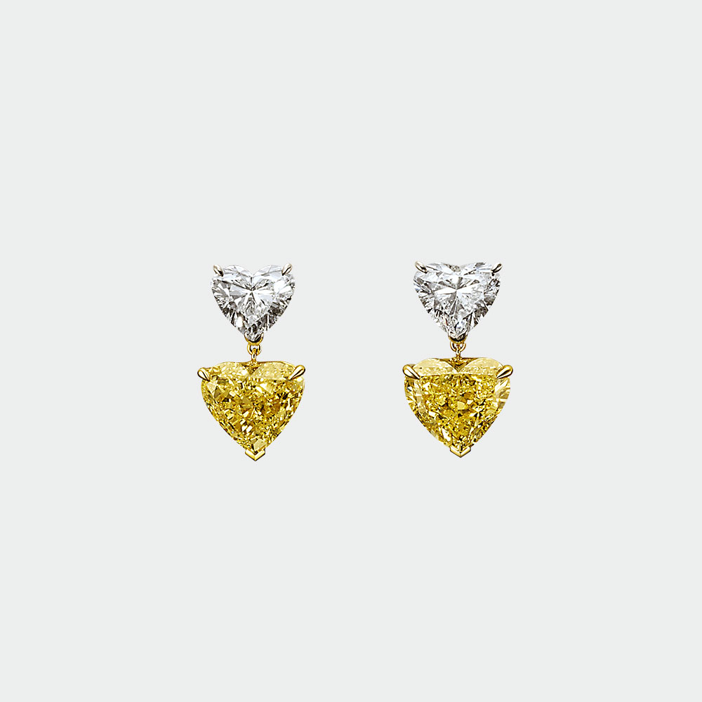 Yellow and White Heart-Shaped Diamond Earrings | SUEN