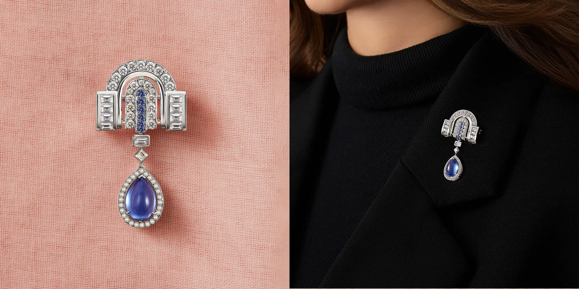 The Arc Nocturne
A striking composition of geometry and grace. This Art Deco–inspired brooch features a sculptural arrangement of baguette-cut diamonds framing a vertical line of vivid blue sapphires. Suspended below, a pear-shaped sapphire glows with velvety depth, encircled by a delicate halo of brilliant-cut diamonds.
